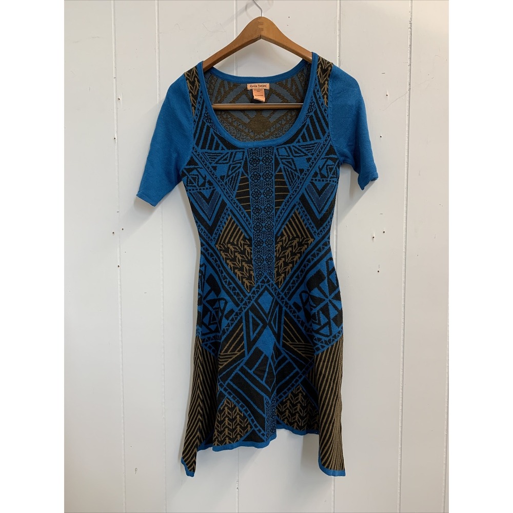 Flying Tomato Sweater Dress Size Small Wide Neck Blue Black Geometric